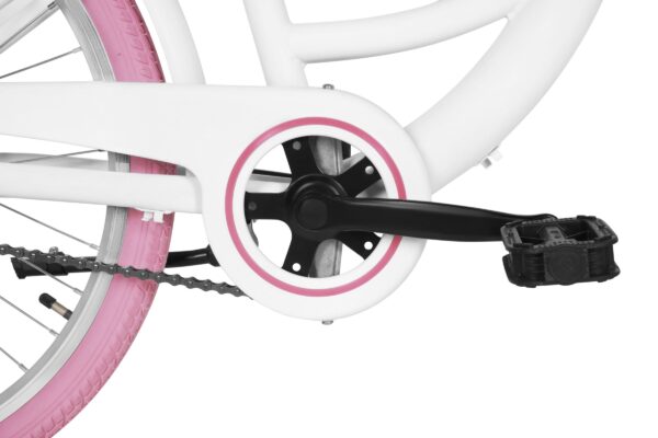 Biała rama roweru z różowym kołem