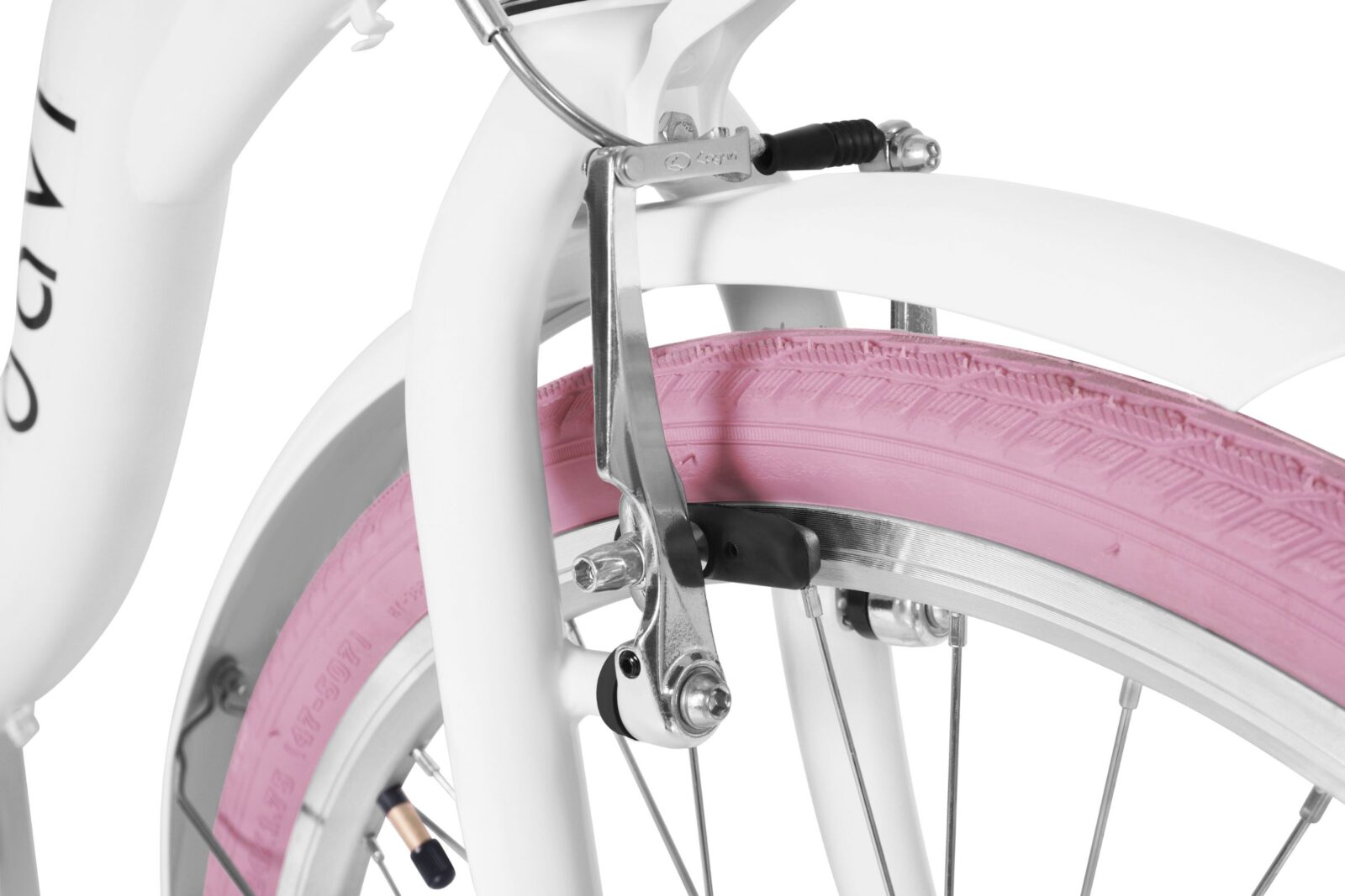 Biały rower z różowym oponą blisko hamulca