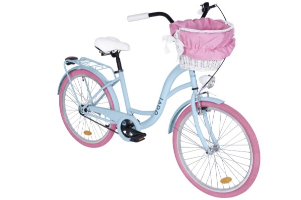 Niebieski rower z różowymi oponami i koszykiem.