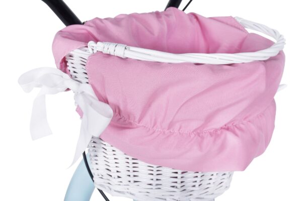 Koszyk rowerowy z różowym materiałem.