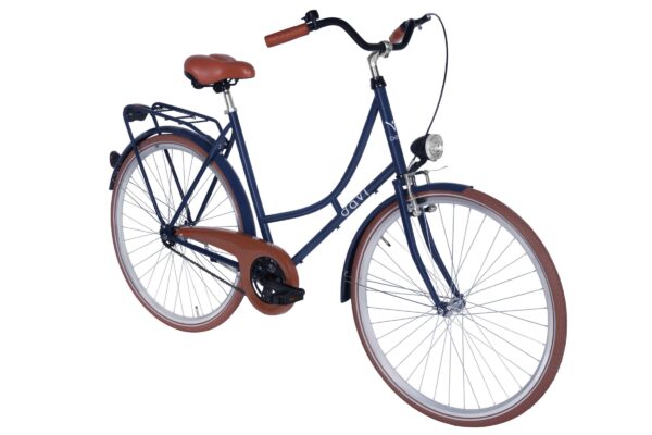 Niebieski rower miejski z brązowymi akcentami